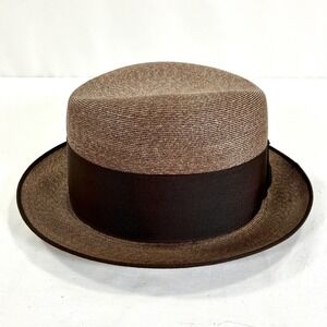 Mens Resistol Self Conforming Straw Fedora Hat Dark Brown Ribbon Band